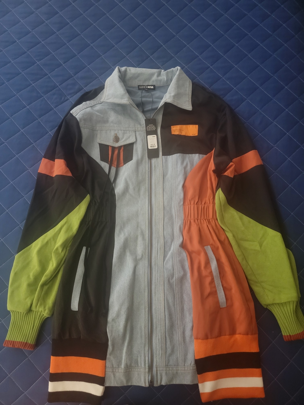 Fashion Nova Colorblock Long Sleeve Jacket in Light Blue, Black, Orange, Lime